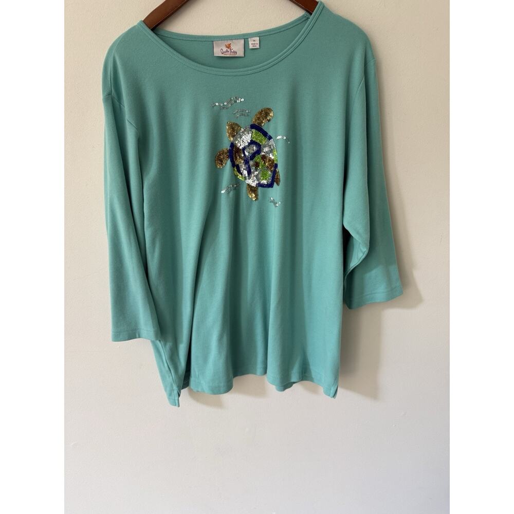 Quacker Factory Sequined Turtle Top Size 1X Long Sleeve Cotton Green Cottagecore